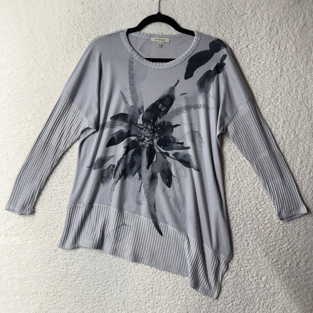 Jess & Jane Size M Tunic Asymmetric Lightweight Floral Artsy Boho Lagenlook USA